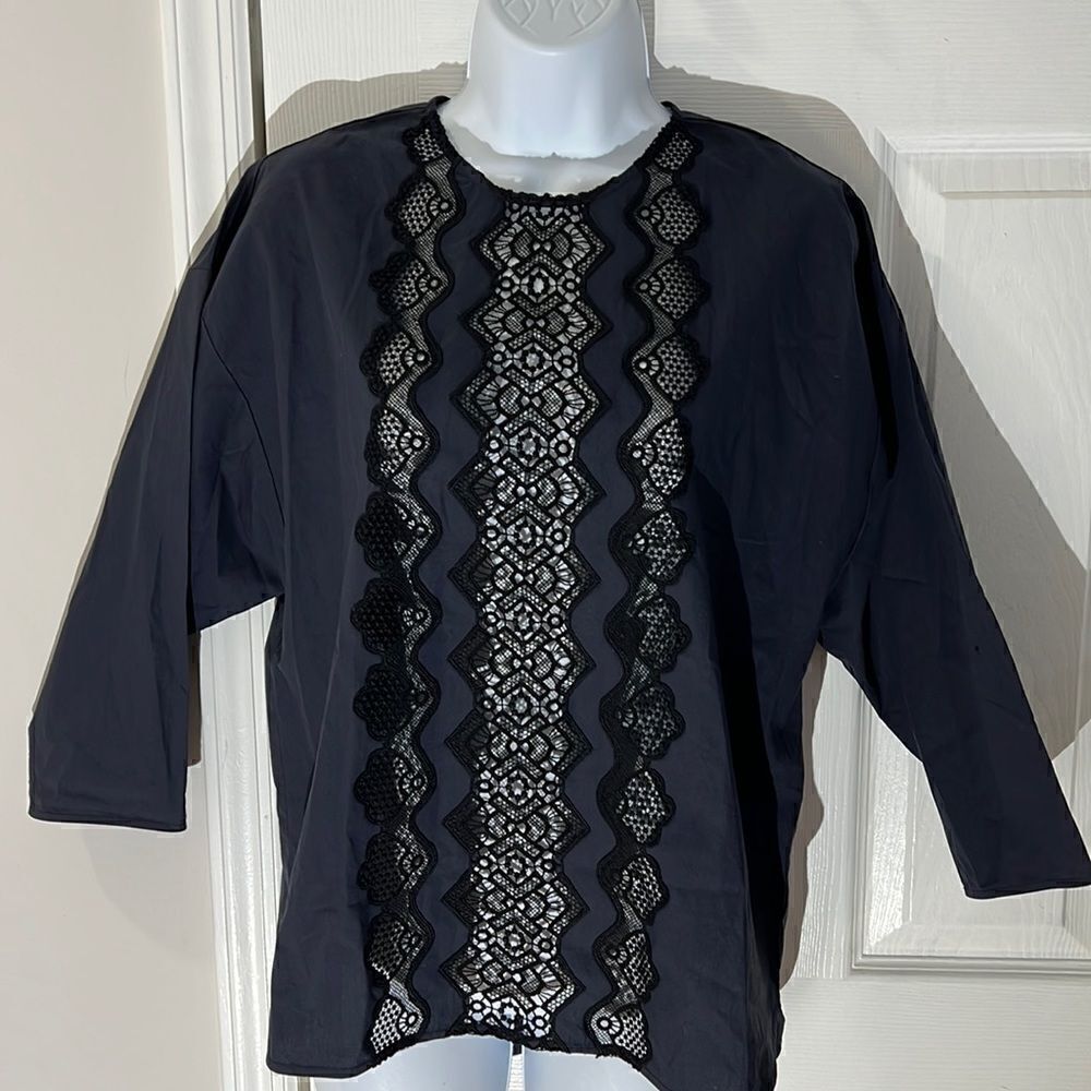 NWOT SANDRO Paris Back Button Short Sleeve Lace Front‎ Shirt Navy Blue Sz 1